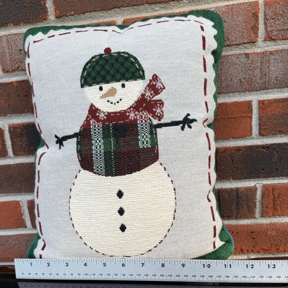 Holiday Snowman Christmas Tapestry Pillow with Red/Green Plaid Back - Picture 4 of 4